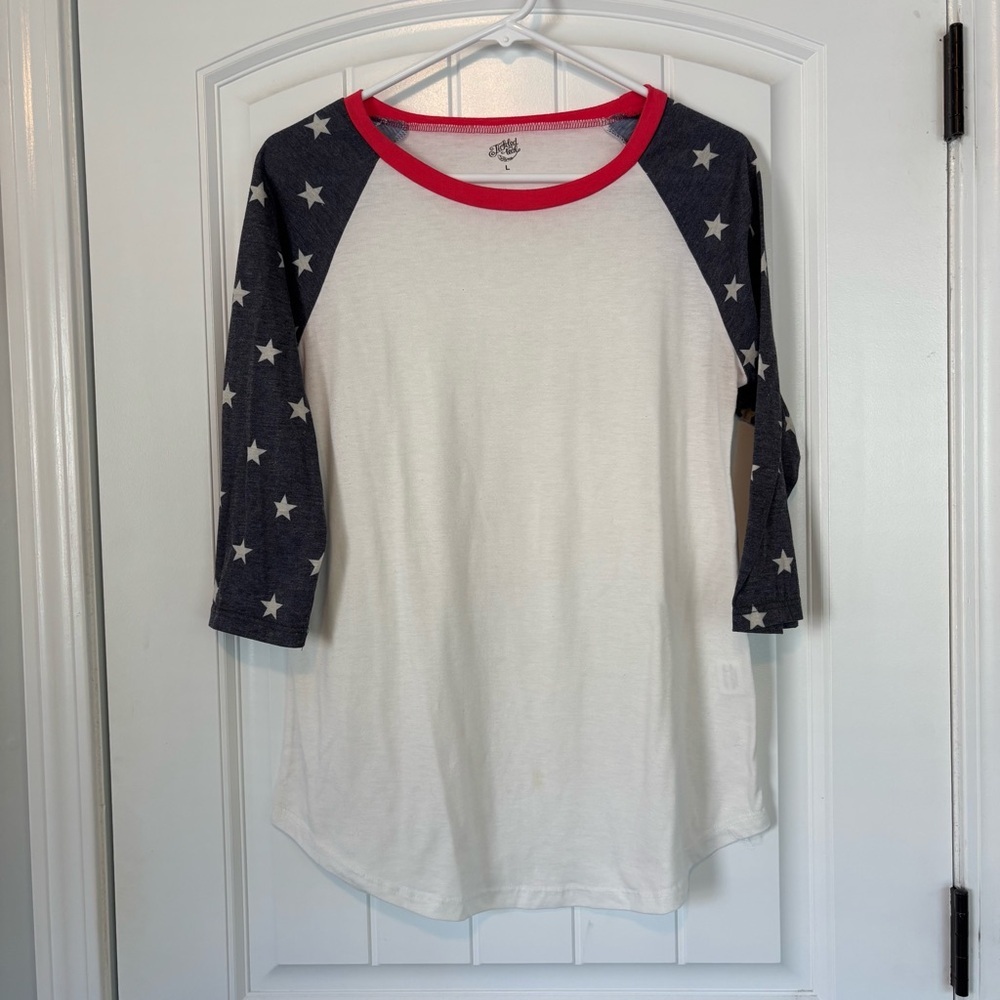 Tickled Teal Women's Star Print Raglan Shirt - Red, White and Blue Size Large